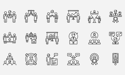 Comprehensive Collection of Business and Corporate Management Line Icons Representing Teamwork, Leadership, Strategy, Presentation, and Professional Development Concepts for Web and Mobile Design