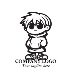 Black and White Chibi Boy Illustration with Jacket and Boots in Bold Thick Line Art Minimal Style