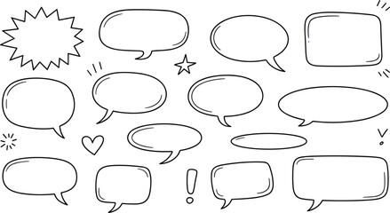 Obraz premium Hand drawn speech bubbles collection with comic style doodle chat frames and empty dialogue callout shapes on white background
