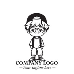 Black and White Chibi Boy Illustration with Jacket and Boots in Bold Thick Line Art Minimal Style