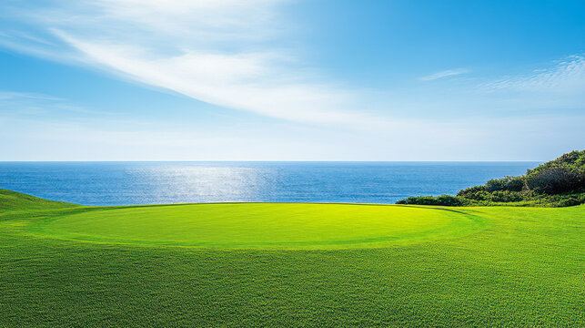Fototapeta Beautiful green grass lawn with a blue sky and sea background