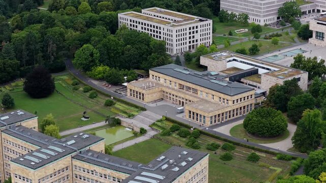 High angle view of Goethe University campus in Frankfurt am Main, Germany, showing historic Poelzig Building and surrounding park
