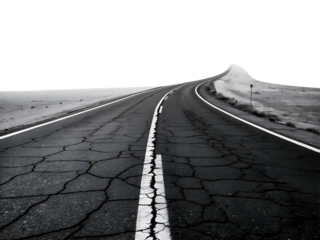 An isolated cracked asphalt road, marked with white lines, curves through a desolate landscape under a stark black background, symbolizing a long journey.