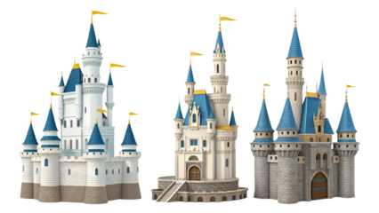 A stunning collection of three majestic fantasy castles with blue roofs and golden flags are presented isolated on a transparent background.