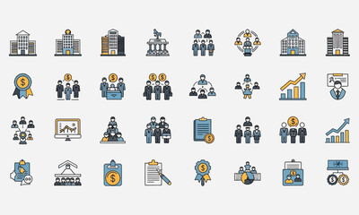 Business and finance icons, set of various icons related to money, profit, and management
