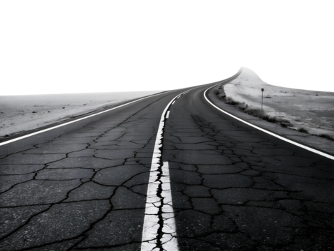 An isolated cracked asphalt road, marked with white lines, curves through a desolate landscape under a stark black background, symbolizing a long journey.