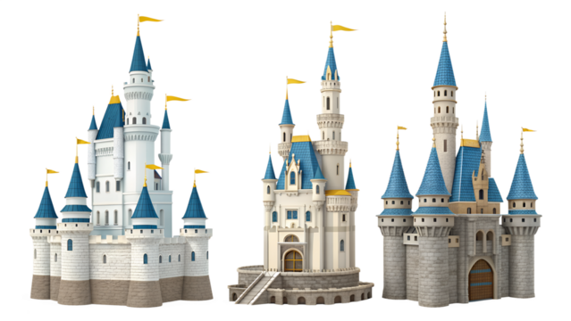 A stunning collection of three majestic fantasy castles with blue roofs and golden flags are presented isolated on a transparent background.