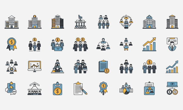 Business and finance icons, set of various icons related to money, profit, and management