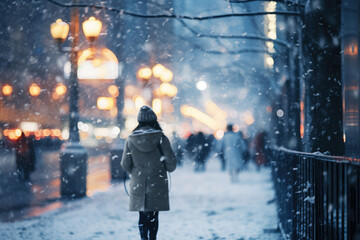 Obraz premium Snowy evening city street with pedestrians in a cold blue atmosphere