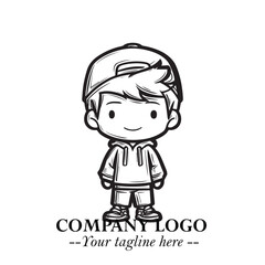 Black and White Chibi Boy Illustration with Jacket and Boots in Bold Thick Line Art Minimal Style