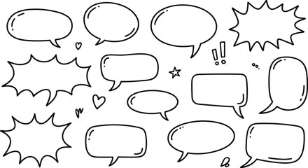 Hand drawn speech bubbles collection with comic style doodle chat frames and empty dialogue callout shapes on white background