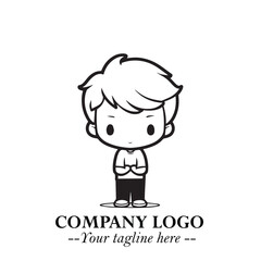 Black and White Chibi Boy Illustration with Jacket and Boots in Bold Thick Line Art Minimal Style