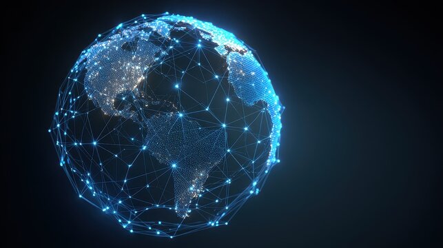 3D-rendered globe with bright blue network links connecting major cities, symbolizing worldwide internet connectivity, digital communication, and global business, isolated on dark gradient background.