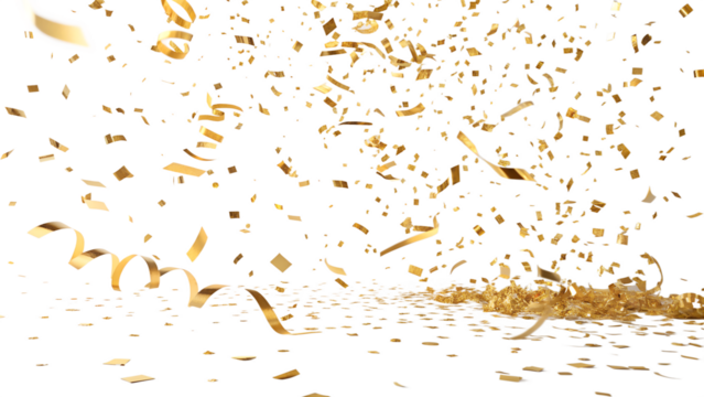 Golden confetti and shiny streamers fall through the air, creating a vibrant, festive explosion. These sparkling elements are easy to use on a clear background.