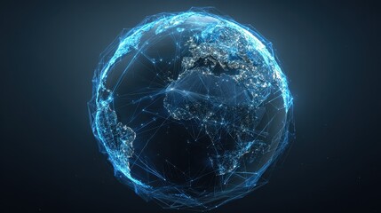 Naklejka premium 3D-rendered globe with bright blue network links connecting major cities, symbolizing worldwide internet connectivity, digital communication, and global business, isolated on dark gradient background.