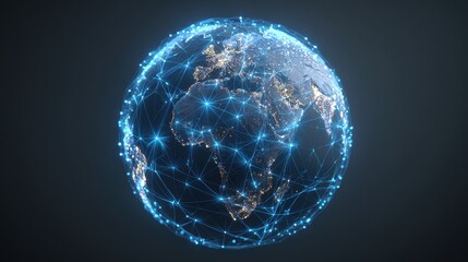 3D-rendered globe with bright blue network links connecting major cities, symbolizing worldwide internet connectivity, digital communication, and global business, isolated on dark gradient background.