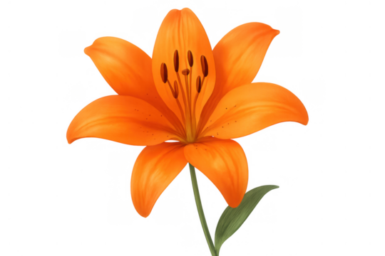 Orange lily flower blooming with vibrant petals and green stem, an illustration on transparent background - Powered by Adobe