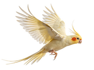 A beautiful light yellow cockatiel bird with orange cheeks spreads its wings wide while flying, perfectly isolated on a transparent background.