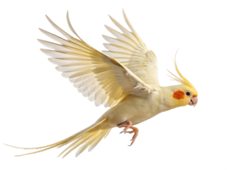 A beautiful light yellow cockatiel bird with orange cheeks spreads its wings wide while flying, perfectly isolated on a transparent background.