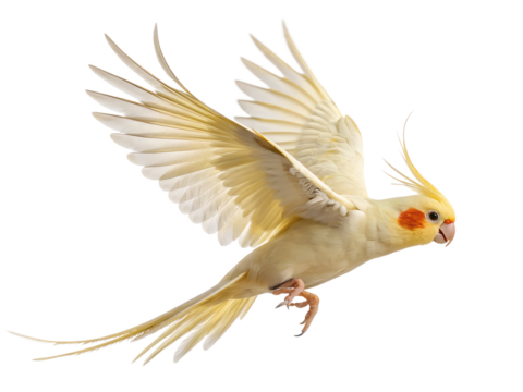 A beautiful light yellow cockatiel bird with orange cheeks spreads its wings wide while flying, perfectly isolated on a transparent background.