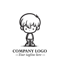 Black and White Chibi Boy Illustration with Jacket and Boots in Bold Thick Line Art Minimal Style