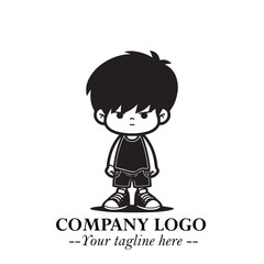 Black and White Chibi Boy Illustration with Jacket and Boots in Bold Thick Line Art Minimal Style