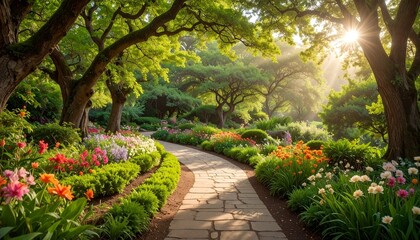 Scenic garden pathway with colorful flowers.
