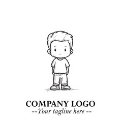 Black and White Chibi Boy Illustration with Jacket and Boots in Bold Thick Line Art Minimal Style