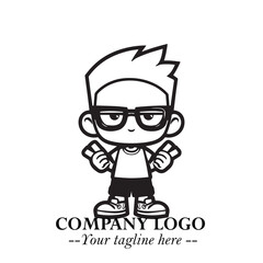 Black and White Chibi Boy Illustration with Jacket and Boots in Bold Thick Line Art Minimal Style