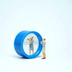 Mini toy of action figure at table with blurred background. Toy photography concept design. Businessman with mirror.