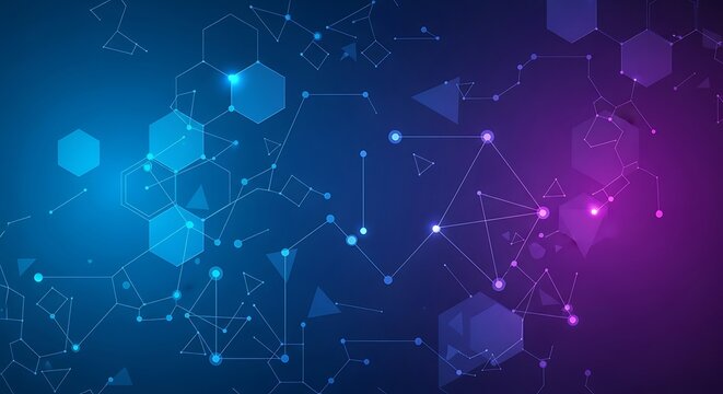 Abstract Geometric Network with Hexagons, Triangles, and Connected Dots on Blue and Purple Gradient Background
