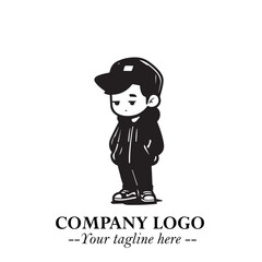 Black and White Chibi Boy Illustration with Jacket and Boots in Bold Thick Line Art Minimal Style