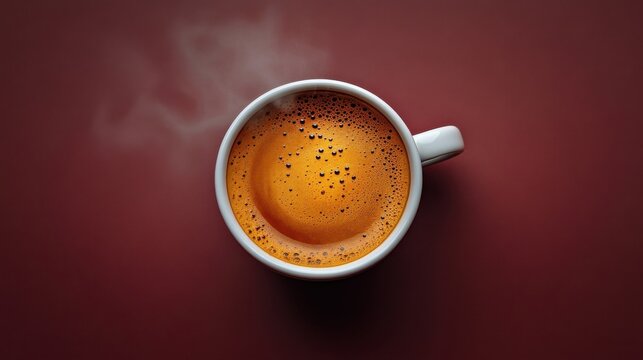 Overhead view of a steaming coffee cup on a maroon surface, showing rich color and foam