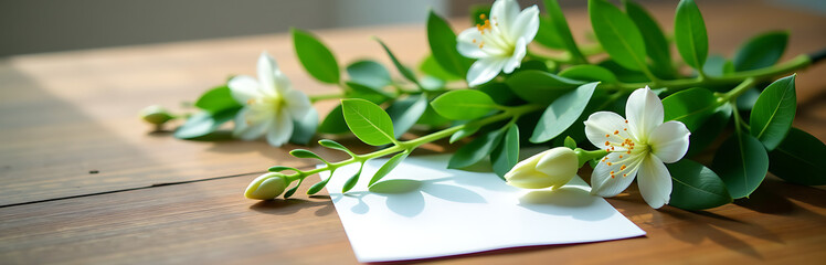 Fototapeta premium lush arrangement delicate leaves crisp white blooms sprawls across minimalist wooden table amidst scattered paper