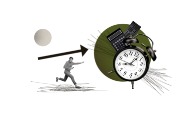 Composite photo collage of happy businessman run arrow office supplies calculator alarm clock keypad phone isolated on painted background