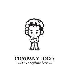 Black and White Chibi Boy Illustration with Jacket and Boots in Bold Thick Line Art Minimal Style
