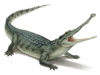 Naklejka premium An isolated gavial with green scaly skin stands on a transparent background, mouth wide open, showing sharp teeth.