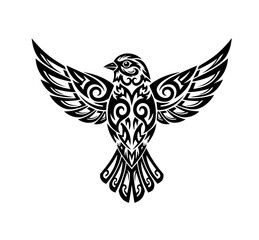 A stylized black and white illustration of a bird with spread wings, intricately detailed with symmetrical, flowing lines and sharp-edged patterns reminiscent of tribal tattoo art
