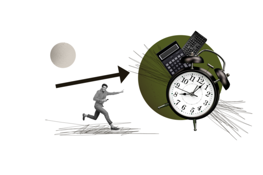 Composite photo collage of happy businessman run arrow office supplies calculator alarm clock keypad phone isolated on painted background