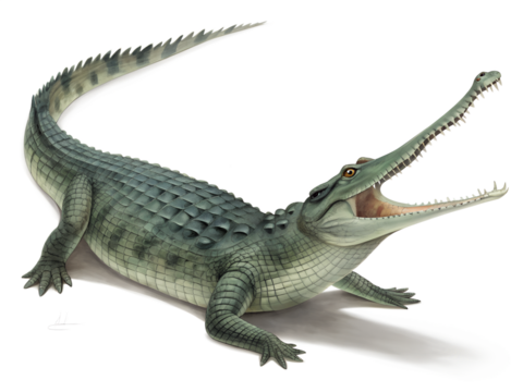 An isolated gavial with green scaly skin stands on a transparent background, mouth wide open, showing sharp teeth.