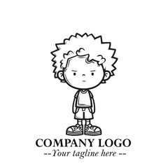 Black and White Chibi Boy Illustration with Jacket and Boots in Bold Thick Line Art Minimal Style