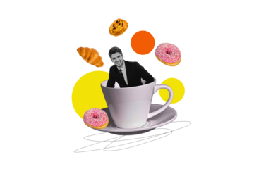 Composite photo collage of happy man peek cup cafe break sweet donut bun croissant nutrition pastry dessert isolated on painted background