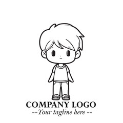 Black and White Chibi Boy Illustration with Jacket and Boots in Bold Thick Line Art Minimal Style