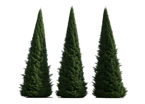 Three tall green conical cypress trees stand upright, perfectly isolated on a transparent background, ideal for diverse architectural and landscape designs. - Powered by Adobe