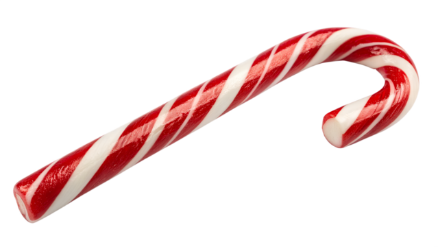 A classic red and white striped candy cane gently curves, presented as a sweet holiday treat isolated on a transparent background.
