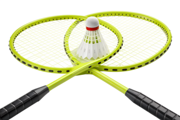 Bright green badminton rackets are crossed, showcasing a white shuttlecock, perfect for a sport game, isolated on a transparent background.