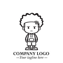 Black and White Chibi Boy Illustration with Jacket and Boots in Bold Thick Line Art Minimal Style