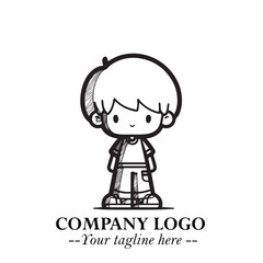 Black and White Chibi Boy Illustration with Jacket and Boots in Bold Thick Line Art Minimal Style