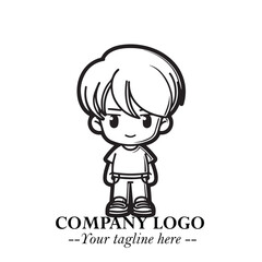 Black and White Chibi Boy Illustration with Jacket and Boots in Bold Thick Line Art Minimal Style