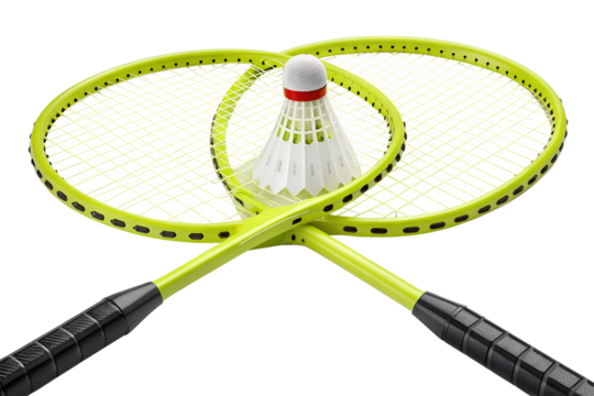 Bright green badminton rackets are crossed, showcasing a white shuttlecock, perfect for a sport game, isolated on a transparent background.